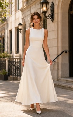 Simple Jewel Neck Satin Wedding A Line Sleeveless Ankle Length Courthouse