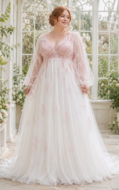 Brautkleid in zartem Rosa, Übergröße, V-Ausschnitt, langen Ärmeln, Empire-Stil, A-Linie, Spitze