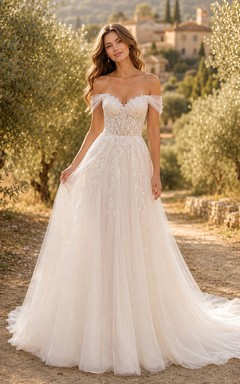 Tulle Wedding Dress A-Line Off Shoulder Sweep Train Ruffle Detail Low V Back Bridal Gown