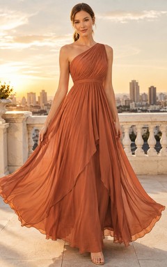 Romantic Copper Chiffon A-Line Floor-Length One-Shoulder Pleated Evening Dress