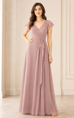 Dusty Rose Wrap Front V-Neck A-Line Floor-Length Chiffon Evening Gown