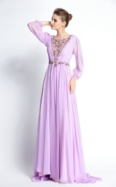 A-Line Floor-length Sweep Brush Train Bateau Chiffon Long Sleeve Prom Dress with Beading and Pleats
