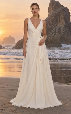 Simple V-Neck Sleeveless Draped Crepe de Chine A-Line Floor Length Wedding Dress
