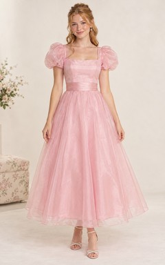 Tea-length Blush Square Neck Puff Sleeve Tulle A-line Prom Dress