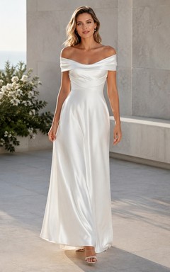 White Satin Off-the-Shoulder Short-Sleeve A-Line Floor-Length Formal Dress