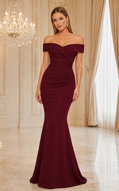 Burgundy off shoulder ruched mermaid floor length formal gown