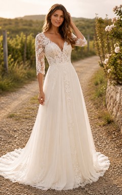 Vestido de novia de tul y encaje campestre, corte en A, escote cuadrado, manga larga, cola de capilla.