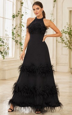 Robe de soirée de luxe noire à col montant, dos nu et plumes à volants, coupe trapèze, longueur au sol.