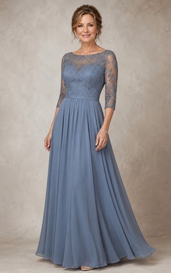 A-Linien-Kleid aus Chiffon mit U-Boot-Ausschnitt, 3/4-Ärmeln und Spitze