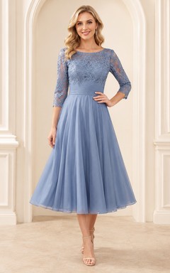 Elegante vestido de tul de corte A, largo hasta la rodilla, estilo barco, color azul acero, con mangas tres cuartos y corte mao.