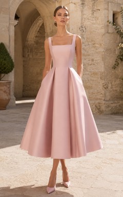 Vestido de novia moderno de corte A con tirantes cuadrados, largo hasta la rodilla, de satén, color rosa empolvado.