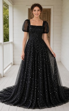 Black Luxury Puff Sequin Ball Gown Square Neck Short Sleeve Floor-length Evening Dress