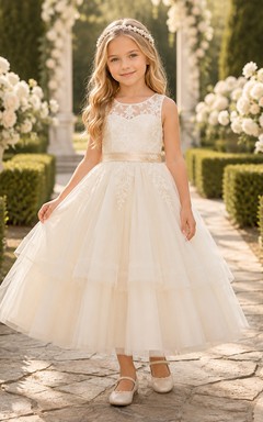 Blumenmädchenkleid Champagner Spitze Tüll A-Linie Rundhalsausschnitt Teelänge