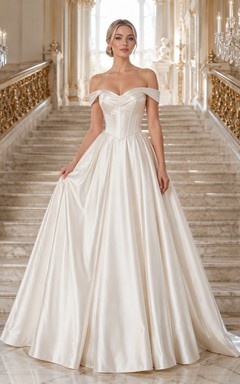 Off Shoulder Satin Pleated Cathedral Ball Gown Wedding Dress