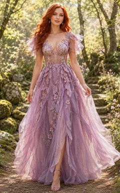 Wisteria Floral Applique V-Neck Puff Sleeve Tulle Ball Gown Floor Length Fantasy Dress