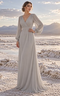 Sencillo vestido de novia plateado de manga larga con escote en V cruzado y cintura fruncida.