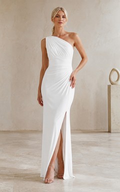 White One Shoulder Sleeveless Ruched Split Front Sheath Dress