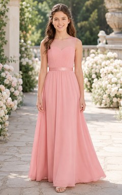 Romantisches, korallenfarbenes, ärmelloses Chiffon-Brautjungfernkleid in A-Linie mit Herzausschnitt und bodenlanger Länge