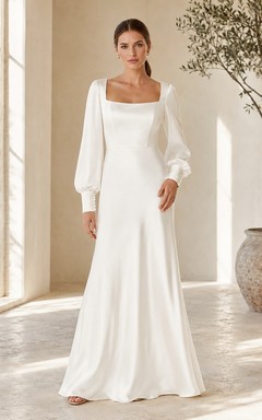 Simple Square Neck Long Puff Sleeve Satin A-Line Floor-Length Civil Wedding Dress