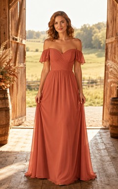 Terracotta Chiffon A-Line Off-Shoulder Sweetheart Flutter Sleeve Pleated Zip Back Floor-Length Bridesmaid Dress