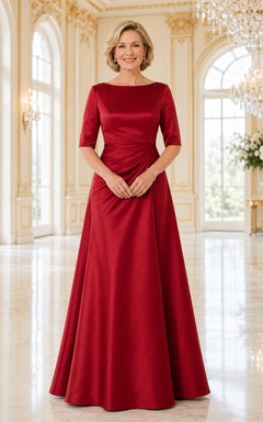 Mutterkleid aus rotem Satin, A-Linie, halblang, U-Boot-Ausschnitt, bodenlang, plissiert