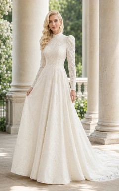 Modest High Neck Lace Wedding A Line Long Puff Sleeve Chapel Train
