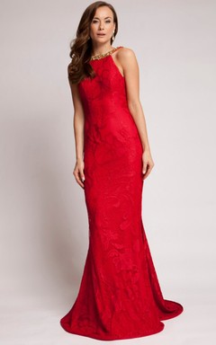 Sheath Floor-Length Beaded Sleeveless Scoop Lace Prom Dress With Backless Style And Appliques
