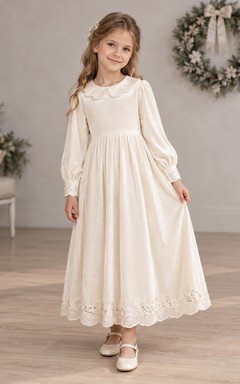 Ivory Velvet Long Bishop Sleeve Lace Hem Ankle Length Flower Girl Dress