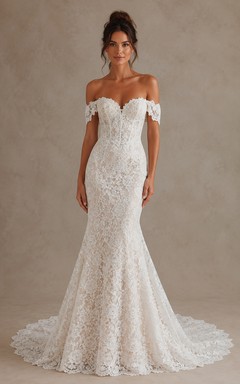 Off Shoulder Lace Mermaid Wedding Dress with Illusion Sleeves and Scalloped Train
