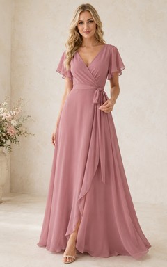 Dusty Rose Wrap V-neck Flutter Sleeve Chiffon A-line Sweep Train Gown