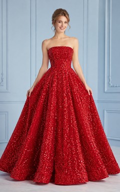 Red Sequin Strapless Layered Tulle Ball Gown Prom Dress