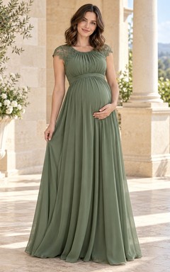 Maternity Sage Jewel Neck Lace Cap Empire Waist Chiffon Gown