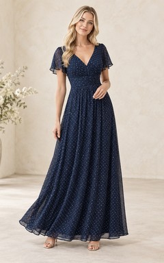 Navy Tiny Polka Dot V-Neck Short Bell Sleeve Floor-Length Chiffon Bridesmaid Dress