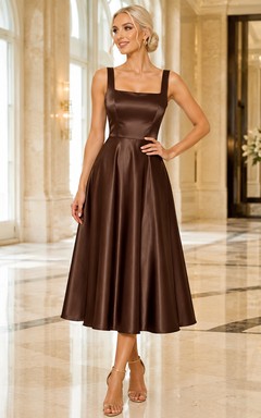 Chocolate Square Neck Satin A Line Tea Length Guest Dress