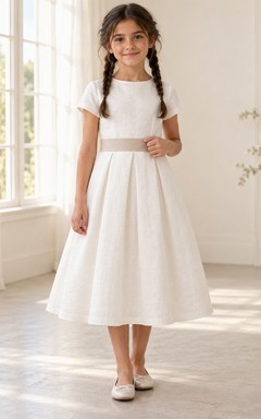 Simple Modest White Tea-length Short Sleeve Narrow Taupe Band Pleated Flower Girl Dress