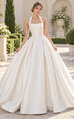 Einfaches Neckholder-Ballkleid aus Satin mit eckigem Ausschnitt und Falten
