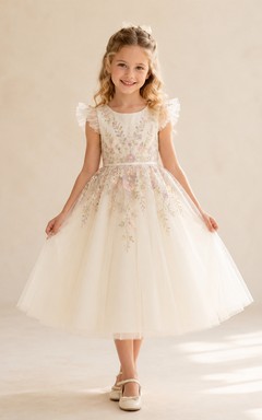 Tulle A-Line Flower Girl Dress with Jewel Neck, Tea-Length Skirt and Pleated Skirt