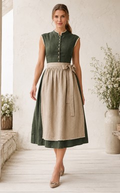 Dirndl moderno de lino verde oscuro, corte en A, largo hasta la rodilla, cuello alto, sin mangas, delantal