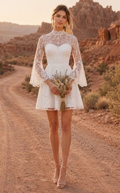 Short Boho High Neck Lace Bell Sleeve Bridal Dress