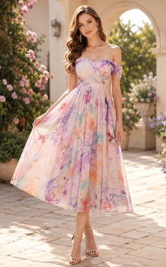 Pastel Paint Splash Off Shoulder Cocktail Midi Dress
