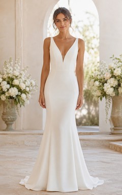 Simple V-Neck Satin Mermaid Wedding Dress with Low Back and Sweep Train