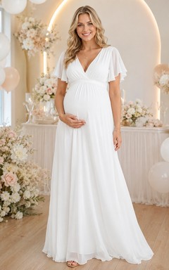 Weißes Chiffon-Umstandskleid mit V-Ausschnitt, kurzen Ärmeln, Empire-Schnitt, A-Linie, bodenlang, romantisch-elegant, Gartenkleid