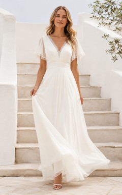 Simple V Neck Flutter Sleeve Chiffon A Line Floor Length Civil Wedding Gown