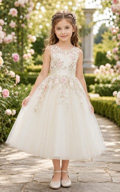 Vestido de niña de flores de corte A para jardín de primavera con mangas cortas, corpiño de encaje floral, tul hasta la rodilla, cintura natural, estilo jardín de primavera