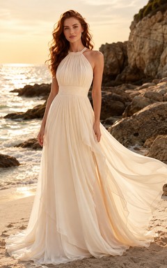 Halter Neck Pleated Chiffon Beach Sunset Bridal Gown