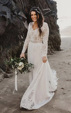 Vestido de novia sencillo de manga larga y modesto | Vestido de novia bohemio de encaje para ceremonia civil