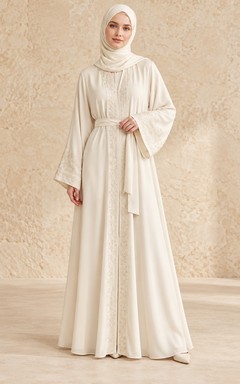 Robe abaya modeste à manches longues, ornée de dentelle ivoire et ceinturée jusqu'au sol