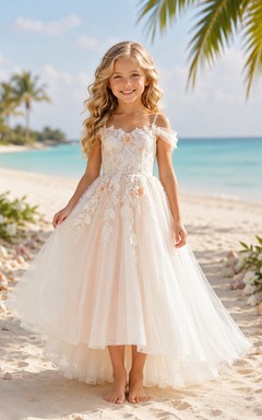 Blumenmädchenkleid aus perlmuttrosa Spitze und Tüll, A-Linie, kurze Ärmel, Rundhalsausschnitt, bodenlang, mit floralen Applikationen