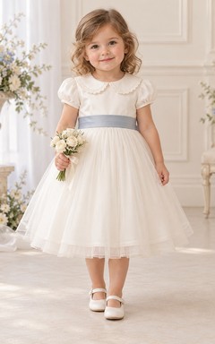 Tea-length Vintage Ivory A-line Tulle Collared Puff-sleeve Blue-sash Flower Girl Dress