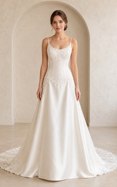 Vestido de novia de satén con cola larga y corte en A para ceremonia nupcial